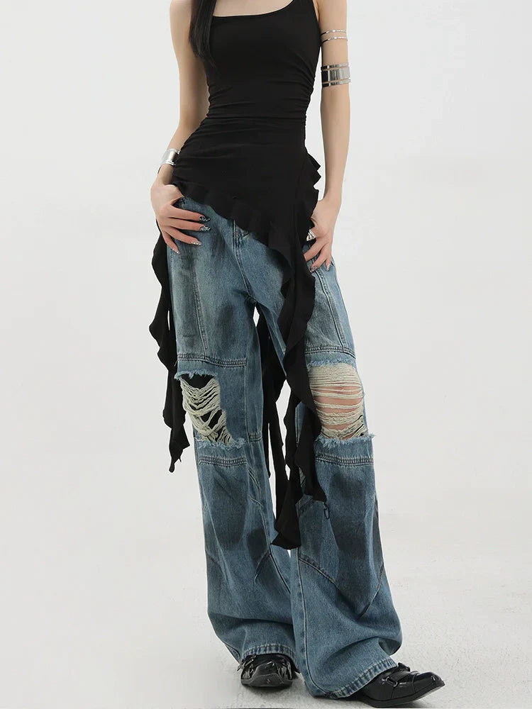 Vintage Distressed And Dirt-Dyed Patchwork Wide-Leg Jeans