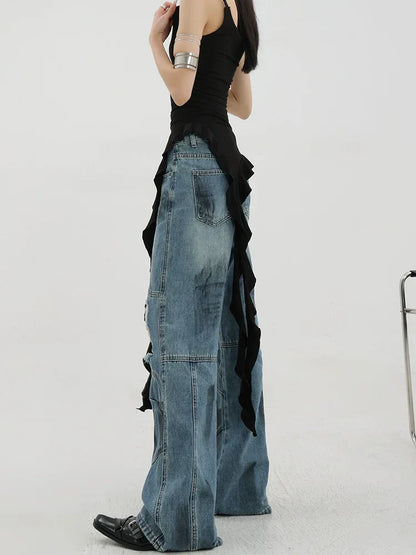 Vintage Distressed And Dirt-Dyed Patchwork Wide-Leg Jeans