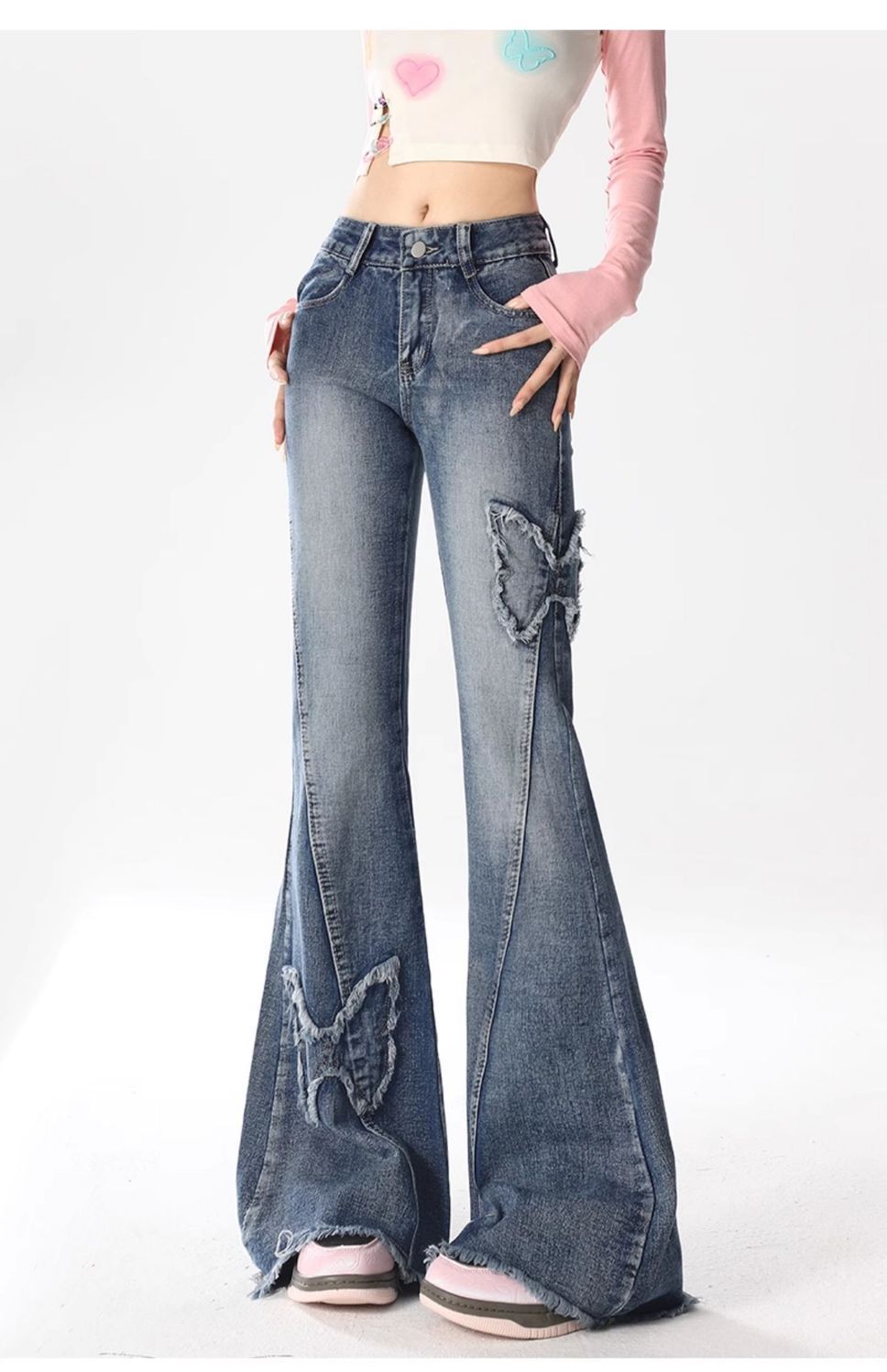 Vintage Washed Butterfly Flare Jeans