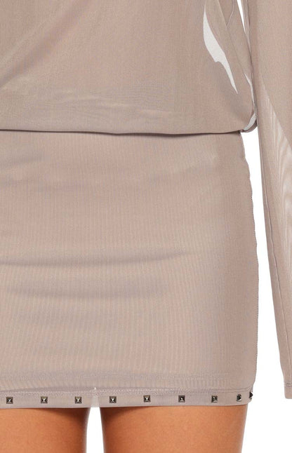 Obie Brown Sheer Mesh Stud Hem Mini Dress