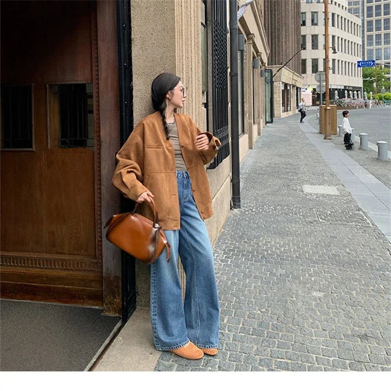 Women's Washing Blue Vintage Street Wide-leg Jeans Cool Girl Baggy Pants Fashion Bottoms Female High Waist Straight Trousers