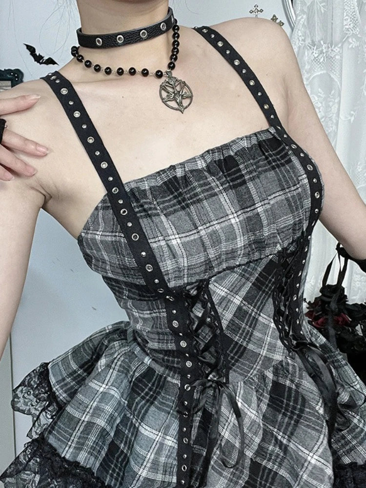 Eyelet Lace Plaid Patchwork High Waist Cake Mini Dress