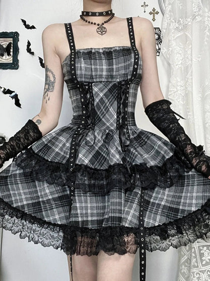 Eyelet Lace Plaid Patchwork High Waist Cake Mini Dress