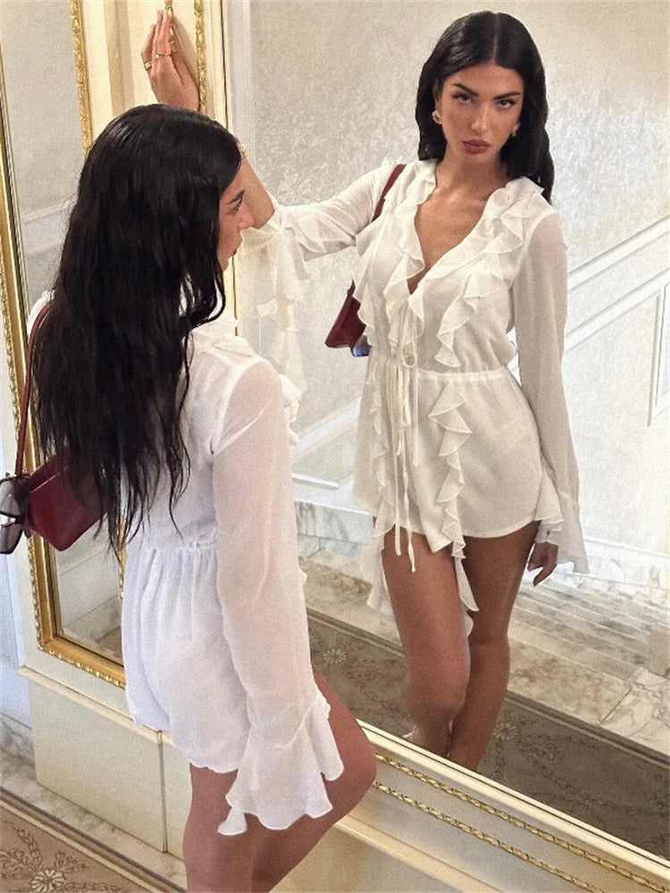 White Ruffled Sexy Mini Dress Women's Lace-Up See-Through Long Sleeve Fashion V-Neck Party Dress Female Bandage Mini Dress