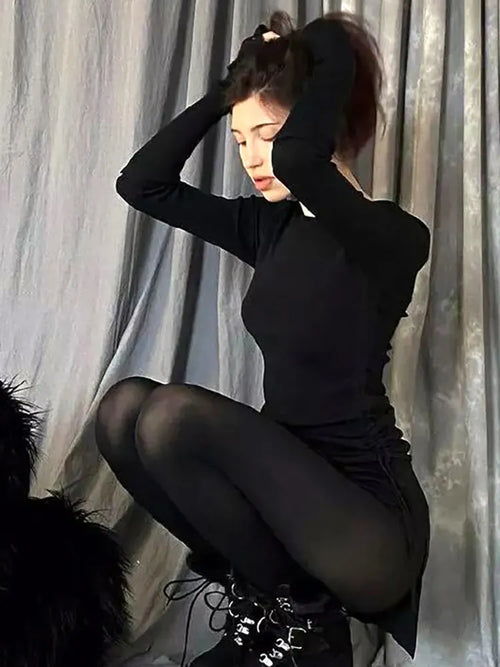 Mall Gothic Drawstring Bodycon Mini Dresses Y2k Punk Black Split Long Sleeve Dress Grunge Basic Partywear