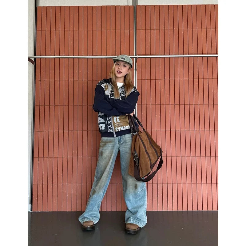 Women's Street Casual 2000s Pants Baggy Y2K Wide Leg Washed Grunge Denim Trouser American Vintage High Waist Straight Emo Jeans