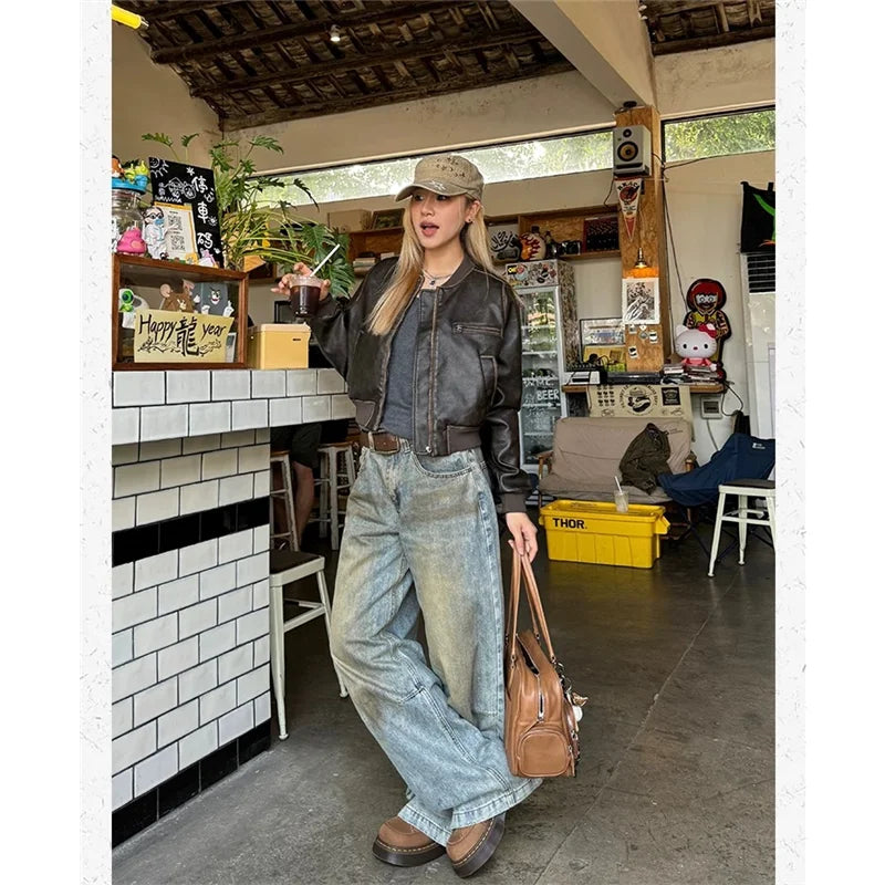 Women's Street Casual 2000s Pants Baggy Y2K Wide Leg Washed Grunge Denim Trouser American Vintage High Waist Straight Emo Jeans