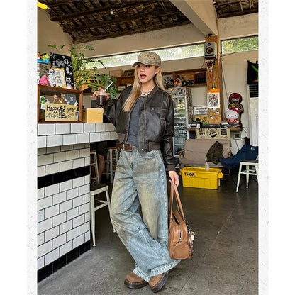 Women's Street Casual 2000s Pants Baggy Y2K Wide Leg Washed Grunge Denim Trouser American Vintage High Waist Straight Emo Jeans
