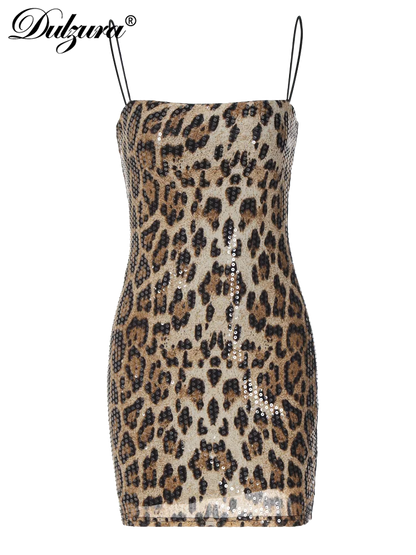 Leopard Print Spaghetti Shoulder Strap Square Collar Mini Dress Sparkly Sequins Party Club Y2K Clothes