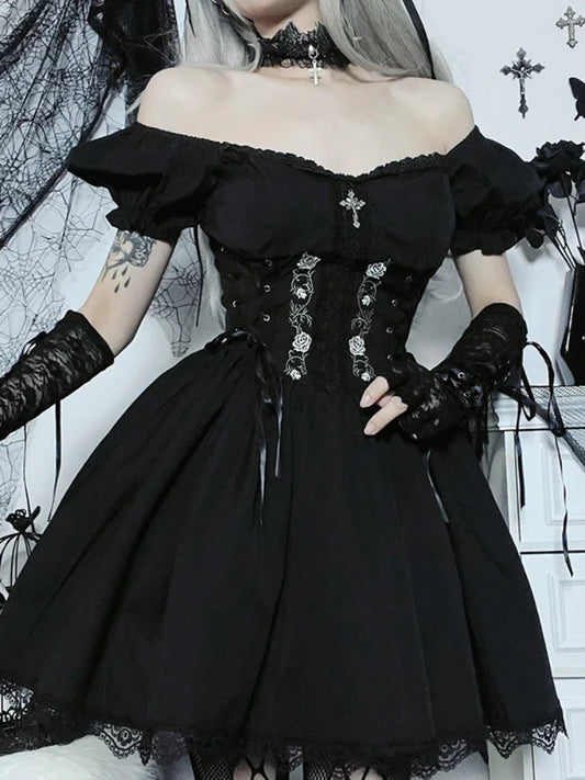 Black V Neck Lace Up High Waist Corset Mini Dress