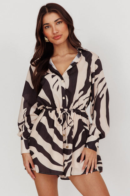 Tiki Long Sleeve Romper Print Beige