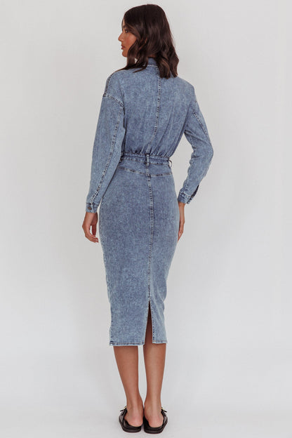 Light Inside Long Sleeve Midi Dress Denim Blue