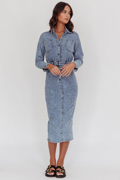 Light Inside Long Sleeve Midi Dress Denim Blue
