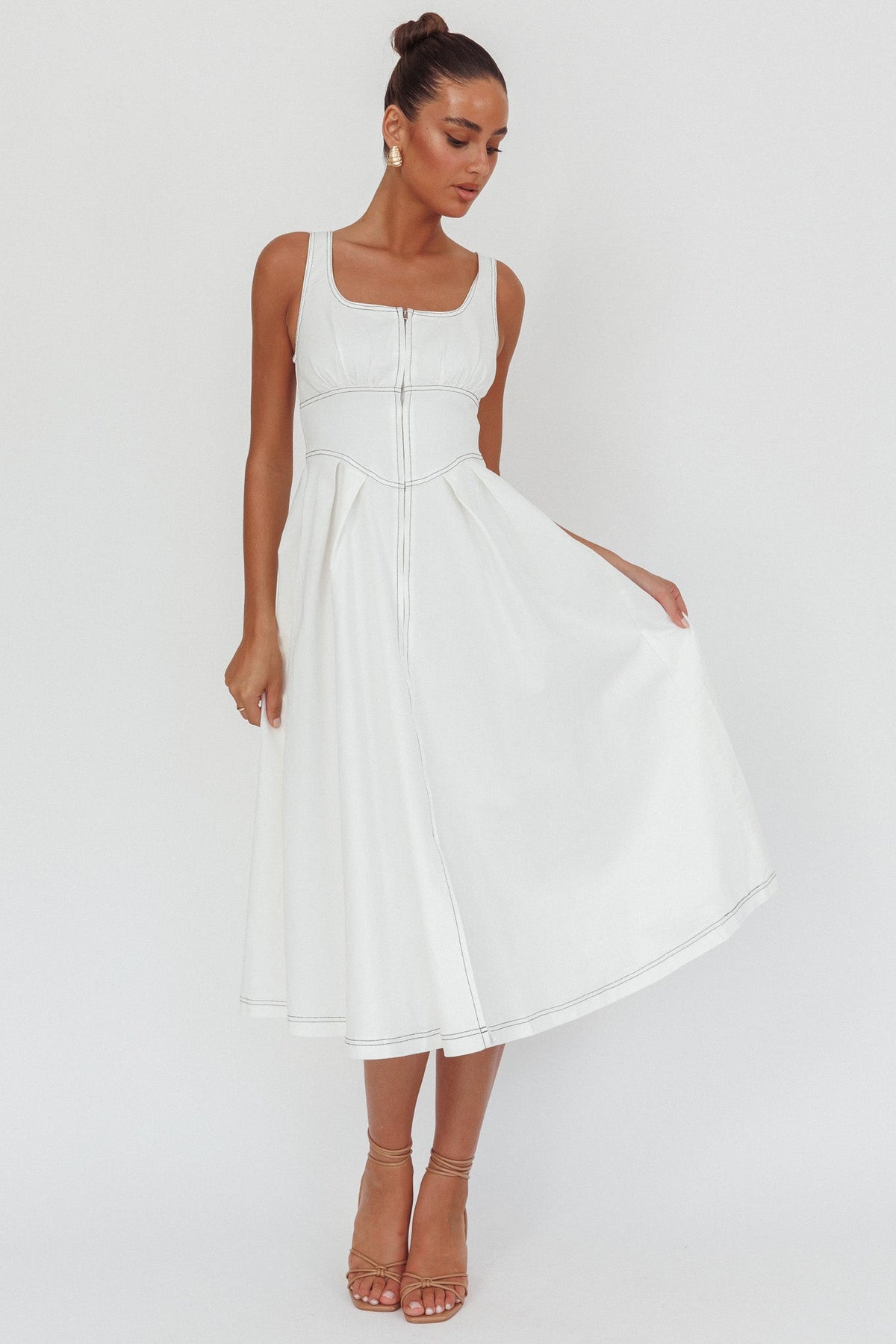 Leeli Zipper Front Midi Dress White