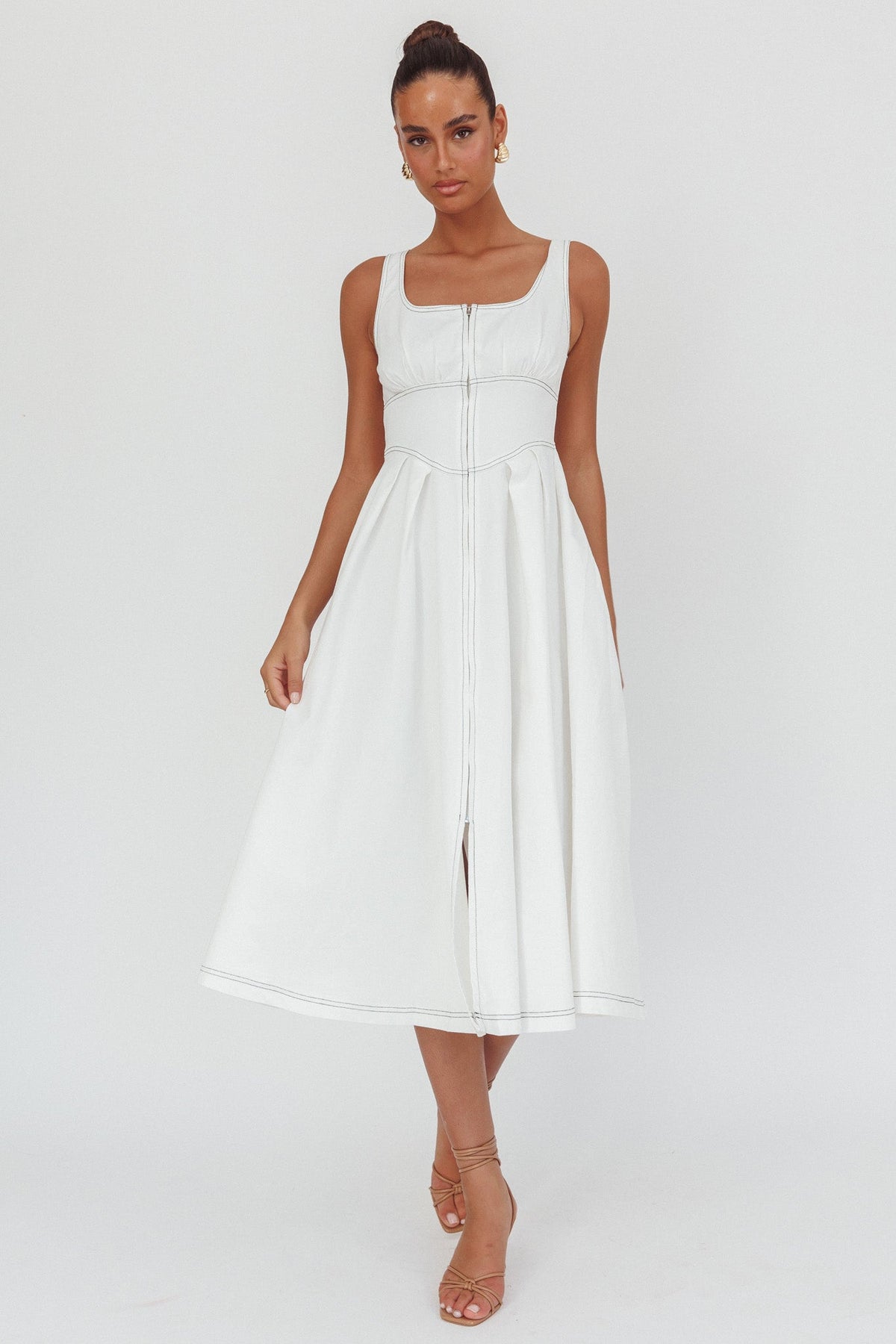 Leeli Zipper Front Midi Dress White