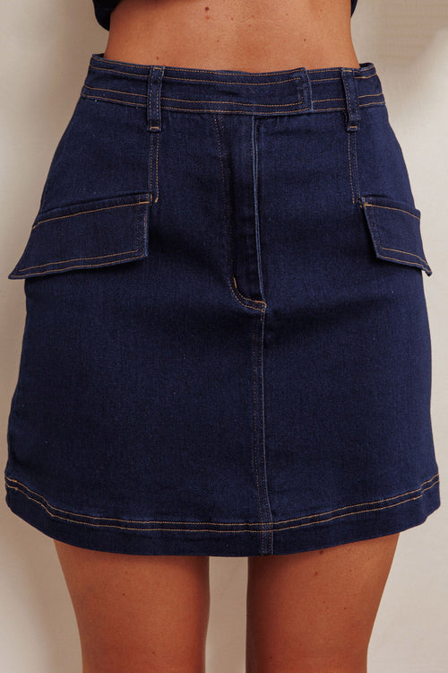 Caught Out Faux Pocket Mini Skirt Dark Denim