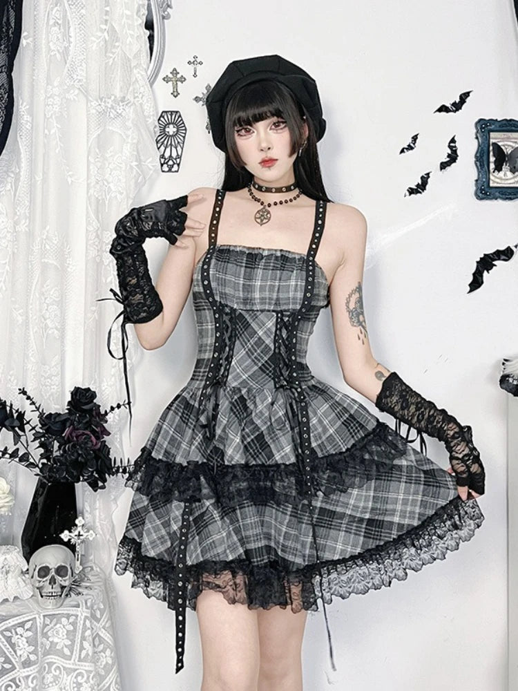 Eyelet Lace Plaid Patchwork High Waist Cake Mini Dress