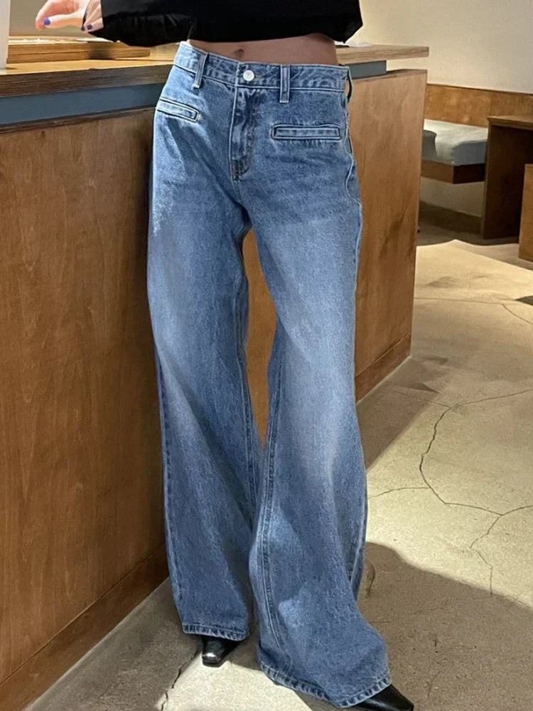 Women Fashion High Waist Loose Pockets Jeans Casual Vintage Blue Wide Leg Pants Y2k Streetwear New Autumn Winter Jeans