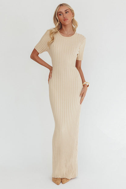 Faylen Waist Tie Ribbed Knit Maxi Dress Cream