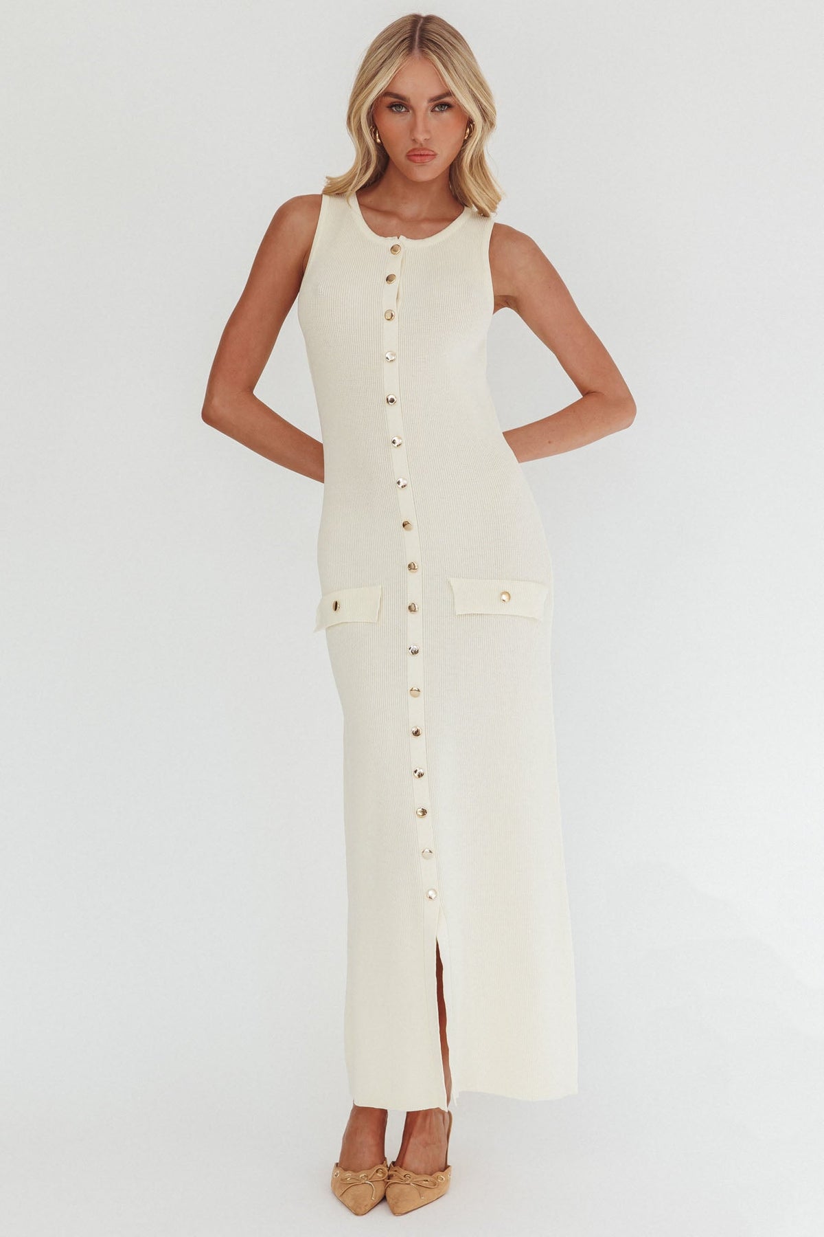 Kelani Gold Button Knit Maxi Dress Cream