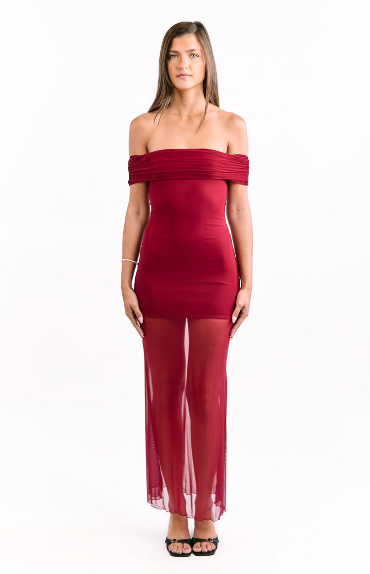 Tabitha Wine Off Shoulder Mesh Maxi Dress