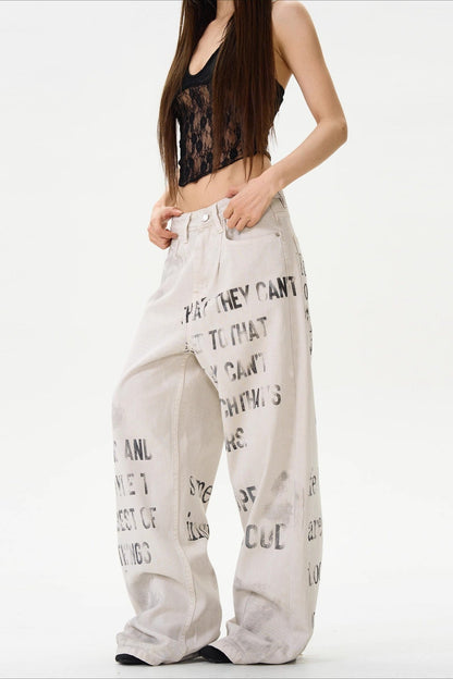 American Vintage Letter Graffiti Chic Slim Fit Jeans