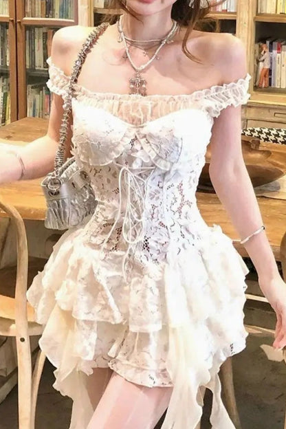 White Lace Off Shoulder Slip Chic Y2K Vintage Mini Dress