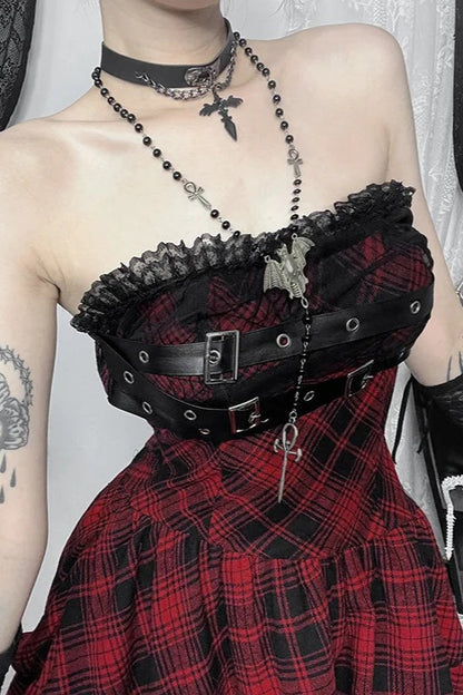 Dark Gothic Red Plaid Strapless Bag Hip Mini Dress
