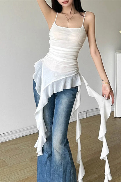 Gradient Ruffle Tassel Sling Sweet Retro Sexy Mini Dress