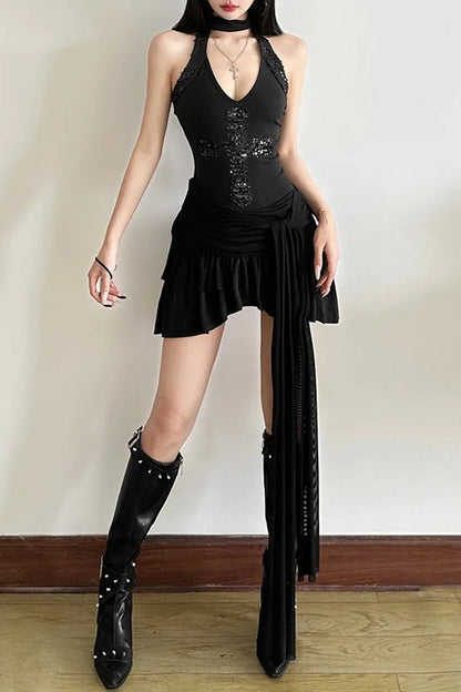 Patchwork Cross Sequins Halter Backless Mesh Mini Dress