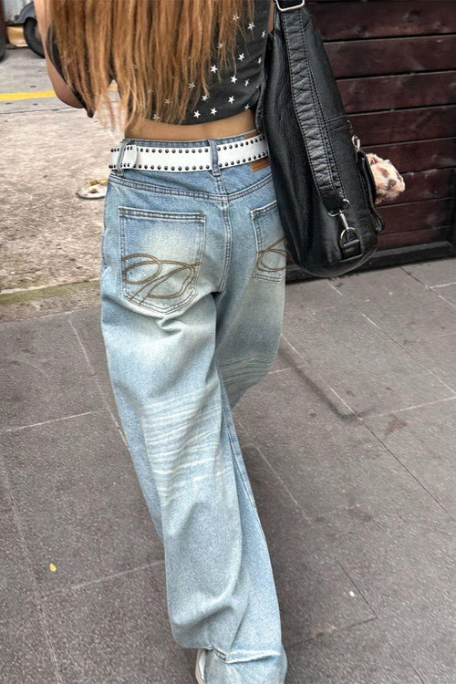 Light Blue High-Waisted Washed Wide-Leg Jeans
