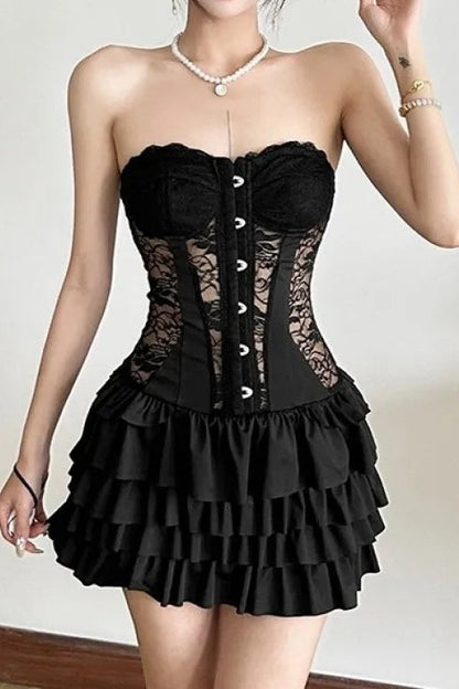 Black Lace Patchwork Off Shoulder Backless Tiered Mini Dress