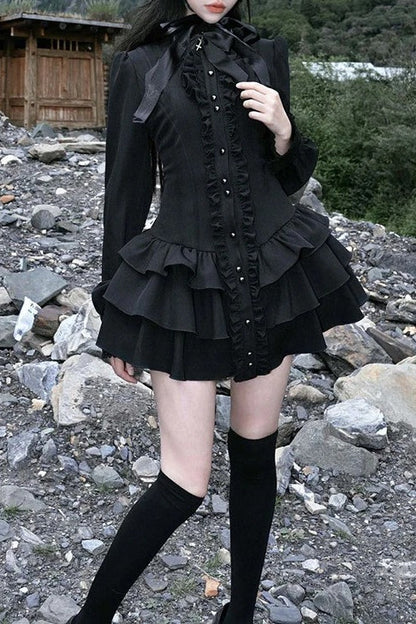 Black Gothic Lace O Neck Long Sleeve Slim Lolita Mini Dress