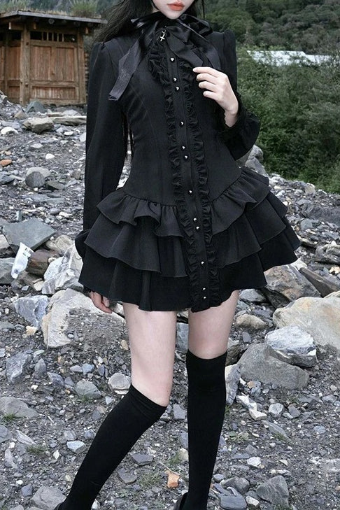 Black Gothic Lace O Neck Long Sleeve Slim Lolita Mini Dress
