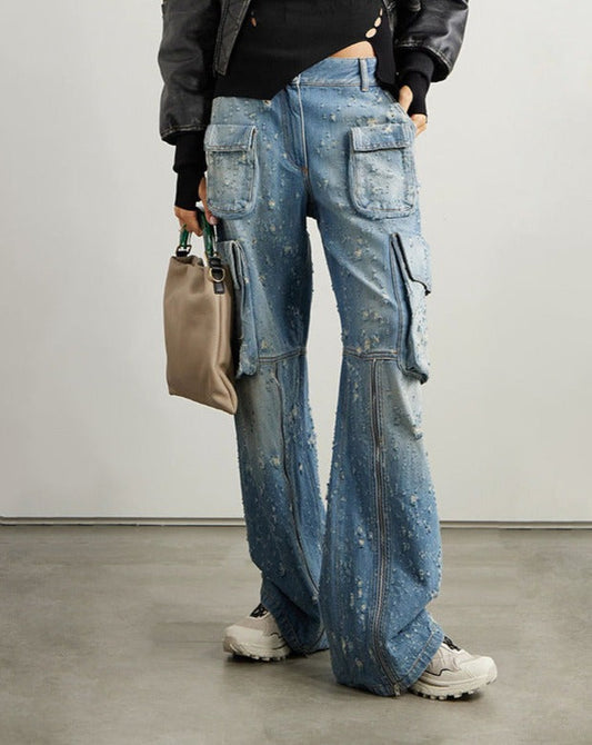 High Waist Loose Ripped Cargo Jeans