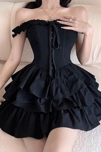 Black Off Shoulder Fringed Suspender Mini Dress