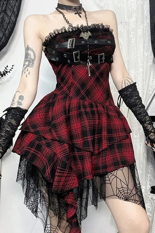 Dark Gothic Red Plaid Strapless Bag Hip Mini Dress