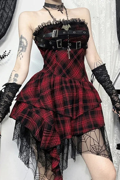 Dark Gothic Red Plaid Strapless Bag Hip Mini Dress