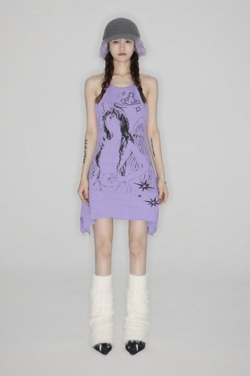 Irregular Hem Halter Printed Cami Mini Dress