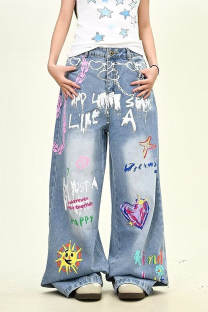 Oversized Washed Star Embroidered Straight Leg Jeans