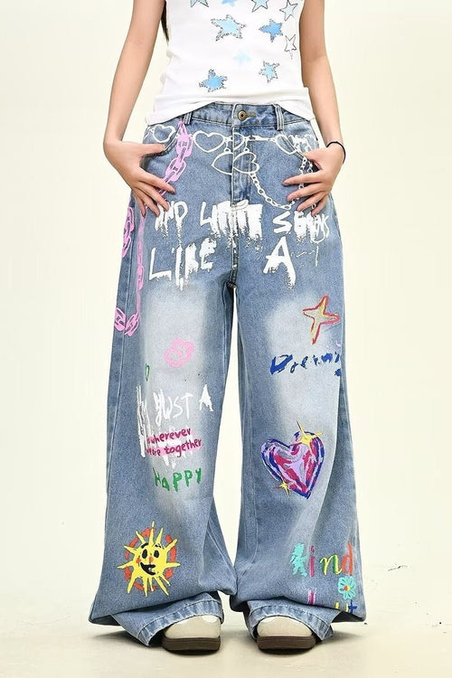 Oversized Washed Star Embroidered Straight Leg Jeans