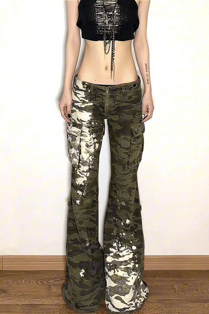 Low Waist Micro Flare Paint Splatter Camo Cargo Jeans