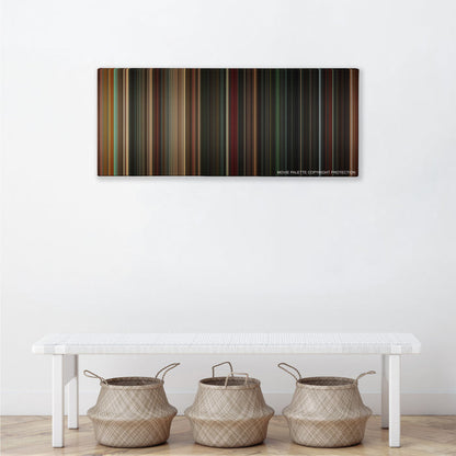 Angels & Demons color palette canvas above a white bench with three woven baskets