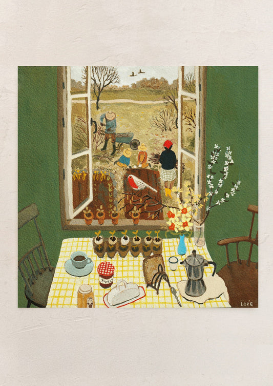 An art print of a countryside setting, picturing open window with farm scene and kitchen table.