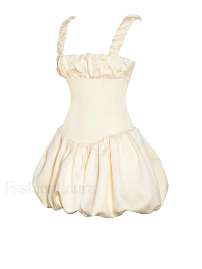 Aubrey Egg White Satin Graceful Bubble Hem Mini Dress