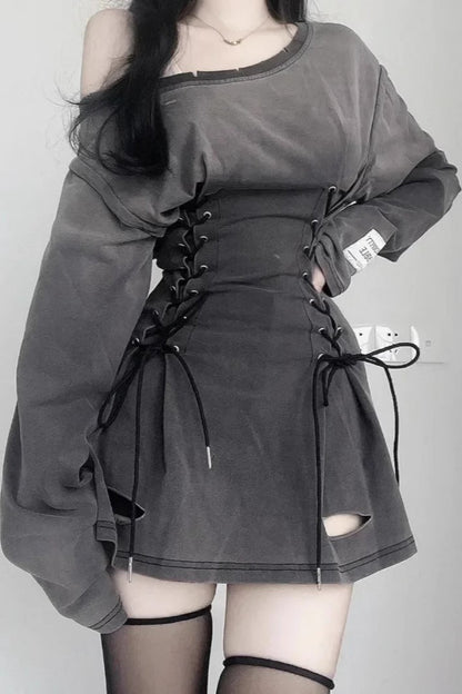 Strappy Asymmetric Shoulder Hoodie Mini Dress