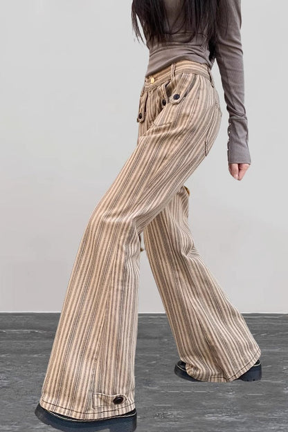 Low Waist Micro Flare Khaki Striped Y2K Slim Jeans