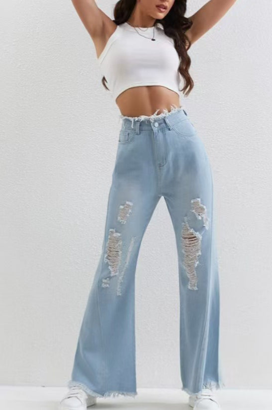 Washed Blue Ripped Patchwork Raw Hem Slim Fit Flare Jeans