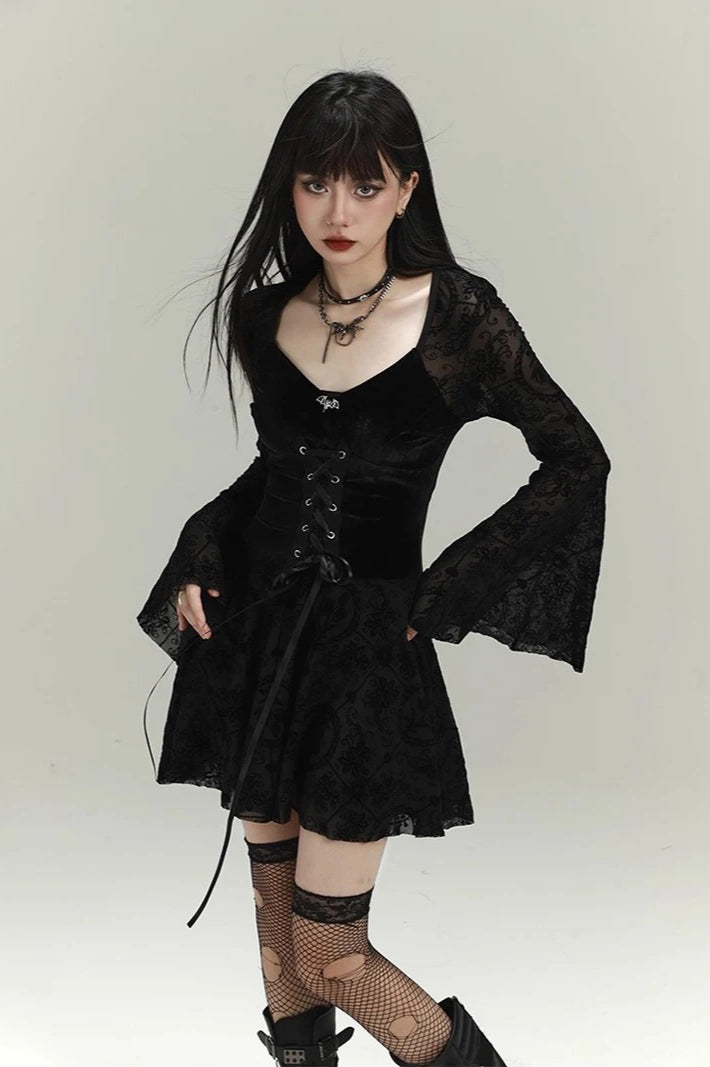 Black Velvet Lace Splice Bowknot Bell Sleeve Goth Mini Dress