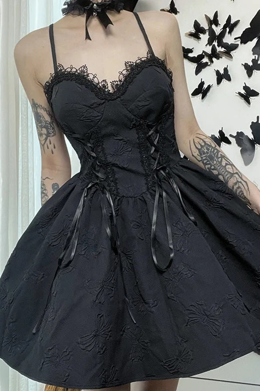 Black Gothic Jacquard Tie Up Lace Trim A-line Mini Dress